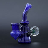 Clayball Glass "Blue Moon" Heady Sherlock Dab Rig with intricate blue design, side view on a black backdrop