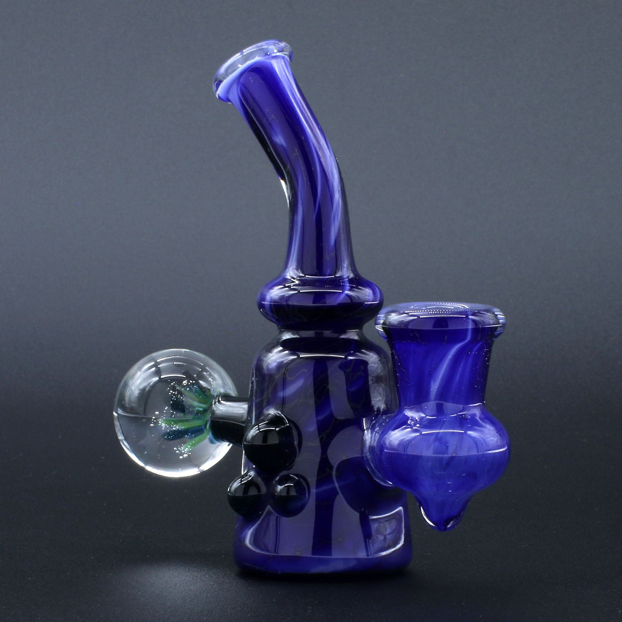 Clayball Glass "Blue Moon" Heady Sherlock Dab Rig with 14mm joint, front view on dark background