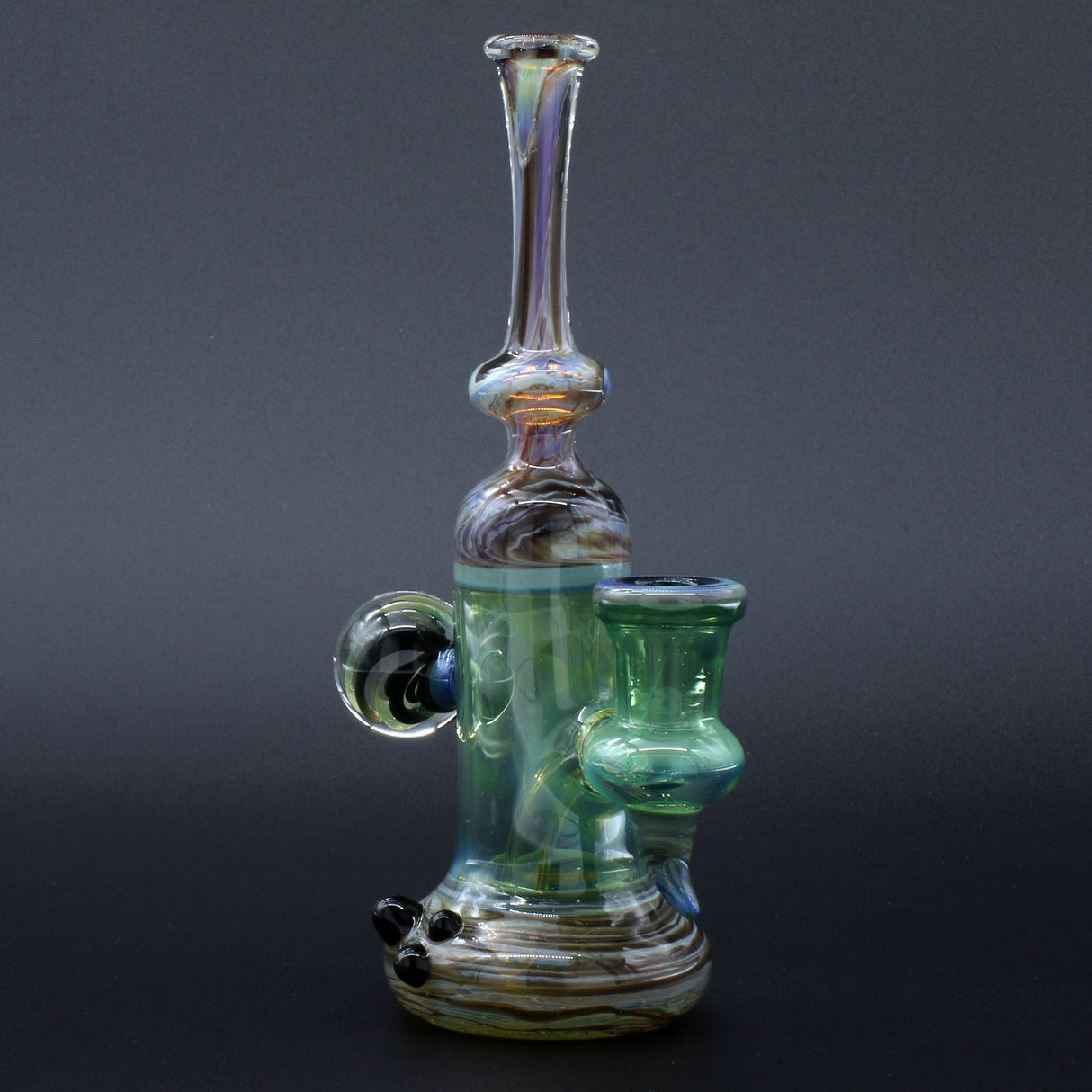 Clayball Glass "Enclave Nebula" Heady Sherlock Dab-Rig with intricate designs, front view on a dark background