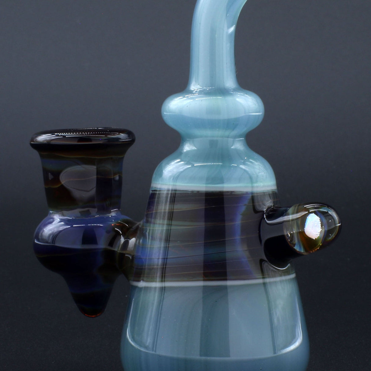 Clayball Glass "Opal Nebula" Heady Sherlock Dab Rig, 5" tall, side view on a black background