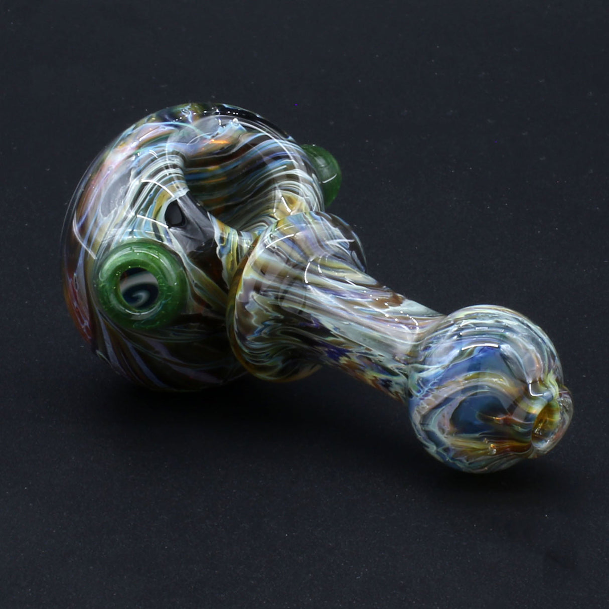 Clayball Glass "Sun Reversal Nebula" Heady Spoon Hand-Pipe, USA made, side view on dark background