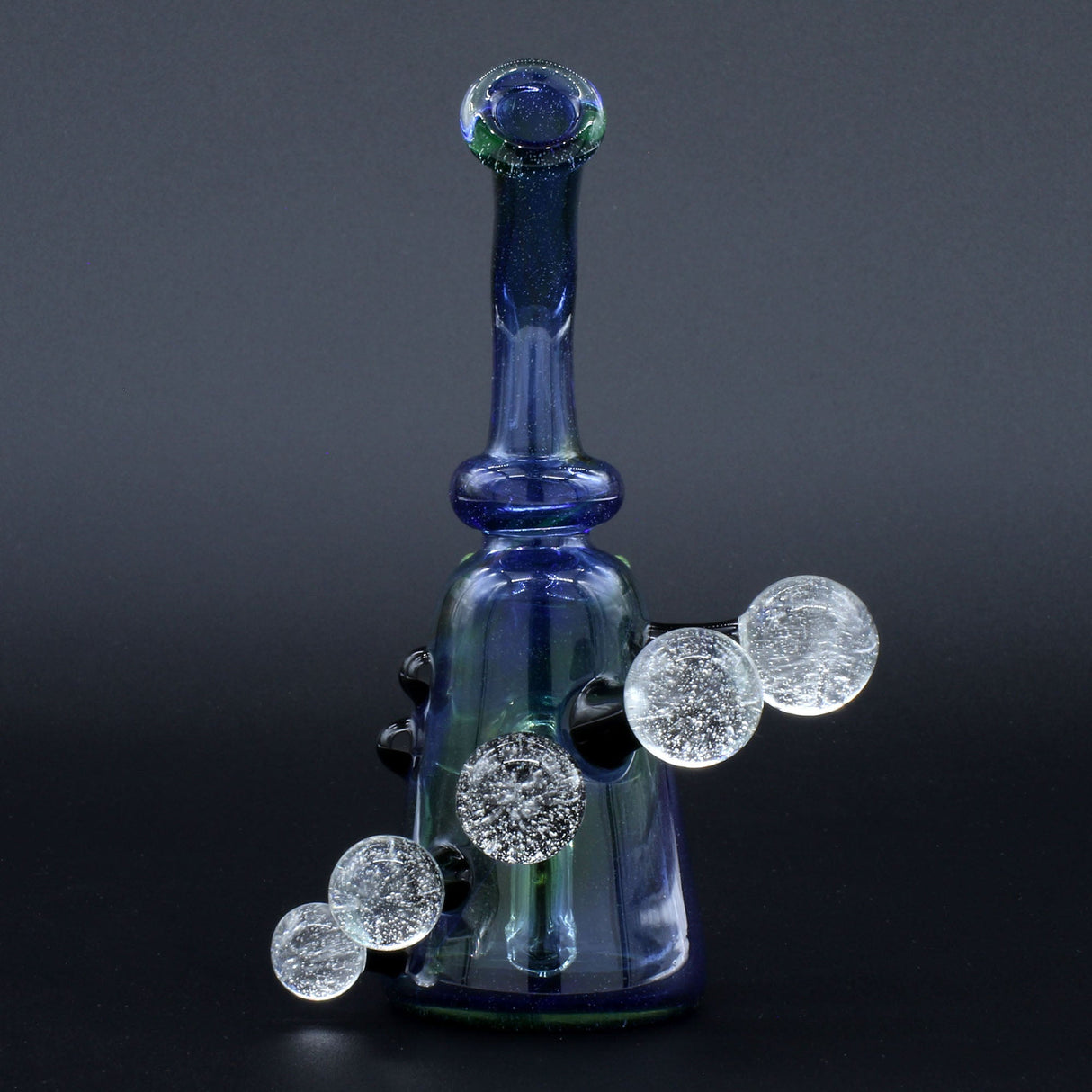Clayball Glass "Super Nova" Heady Sherlock Dab Rig with intricate glass orbs, front view on black