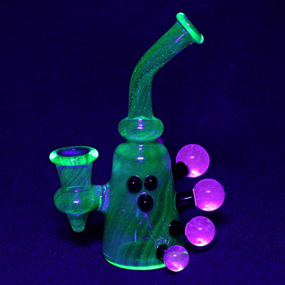 Clayball Glass "Super Nova" Heady Sherlock Dab Rig with glow effect, angled side view