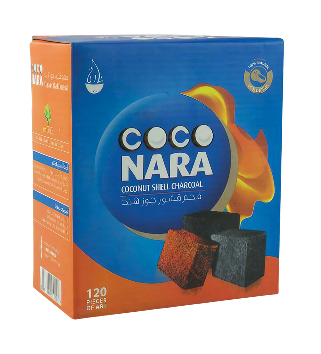 Coco Nara 120 Pack Natural Coconut Shell Hookah Charcoal front view on white background