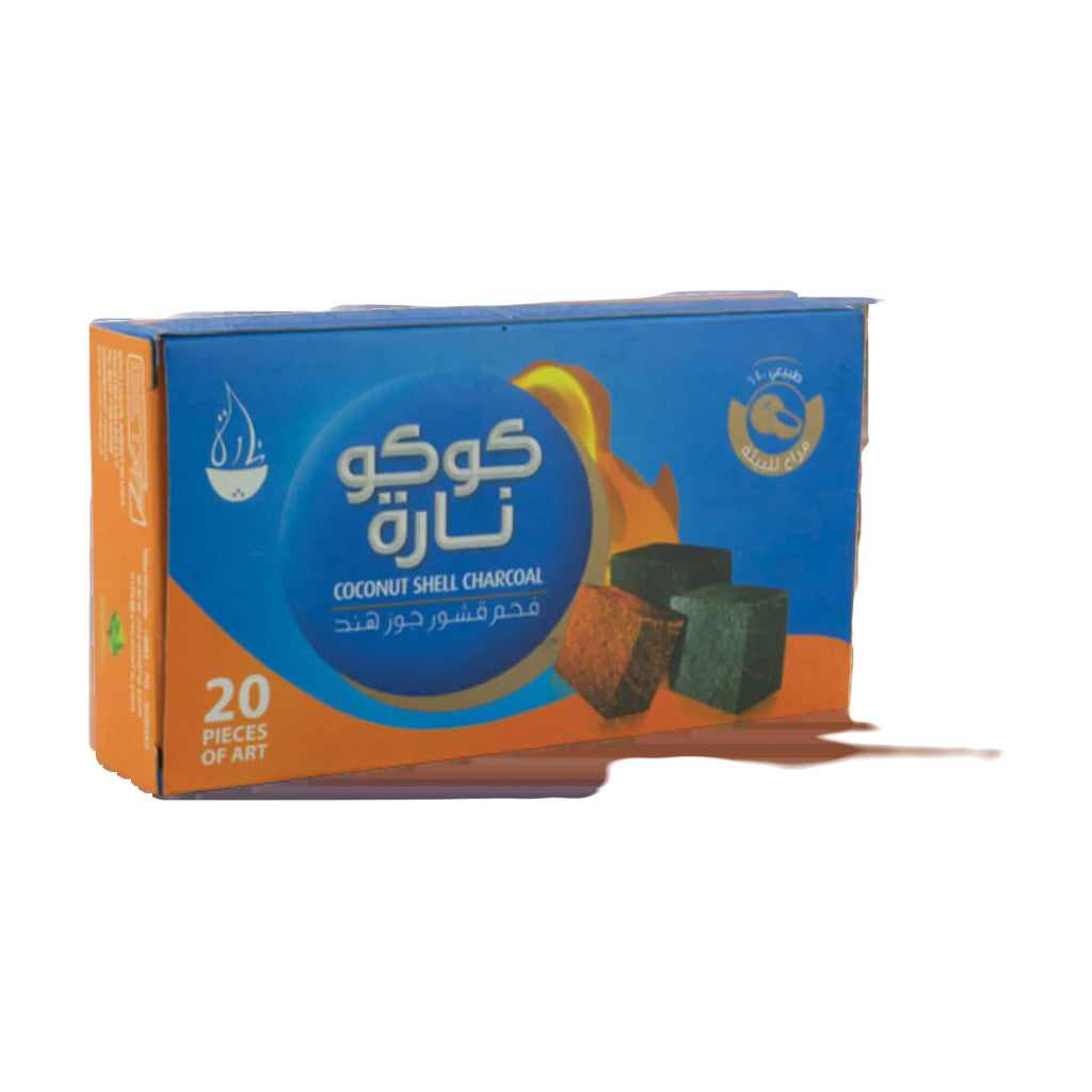 Coco Nara Hookah Charcoal 20 Pack, eco-friendly coconut shell coals for hookahs, angled box view