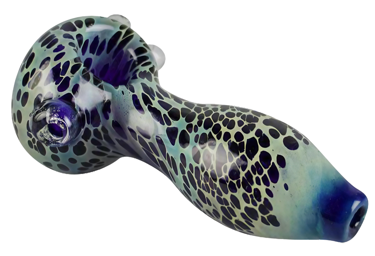 Blue color-spotted borosilicate glass hand pipe, 4.25" spoon design for dry herbs, angled side view