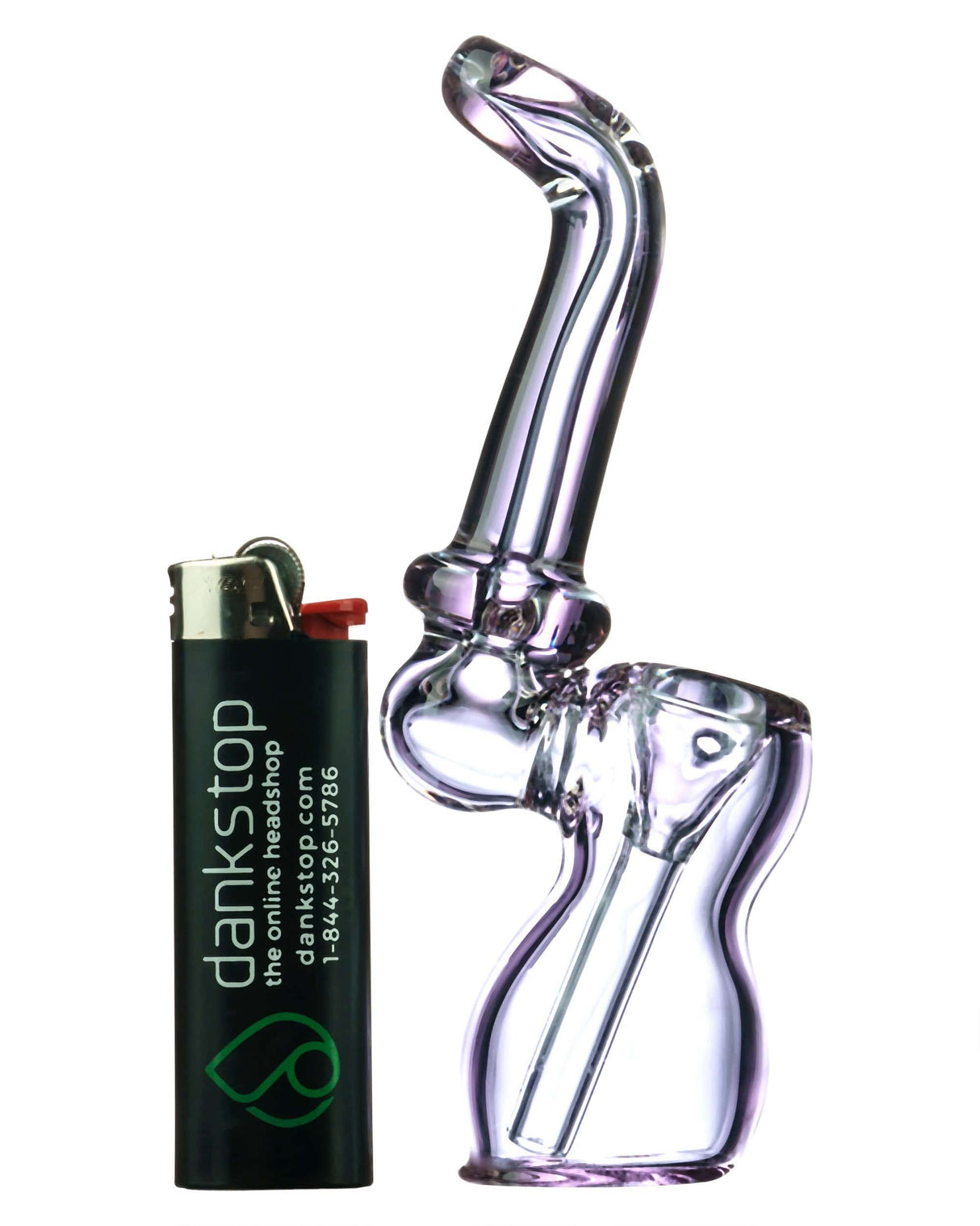 Purple Colored Glass Sherlock Bubbler with Heavy Wall Side View next to Lighter for Scale