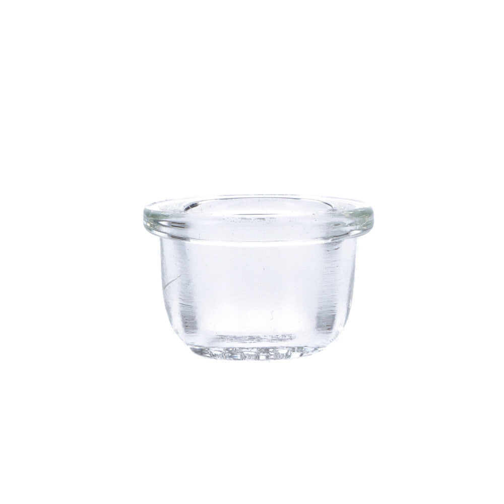 Clear glass bowl piece for bongs, front view on a seamless white background