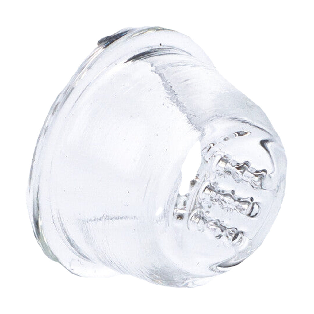 Clear glass bowl piece for bongs, bottom view showing ground joint connection