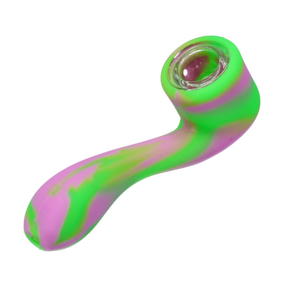 Colorful Sherlock Silicone Pipe in vibrant pink and green, compact and portable design, top view