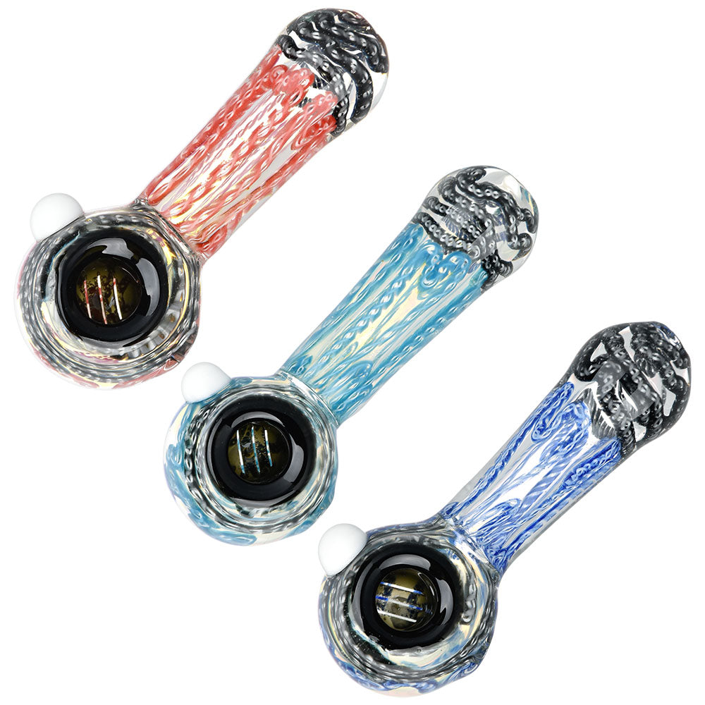 Trio of Colorful Squiggled Glass Spoon Pipes - 4.25" Handcrafted Borosilicate, Top View
