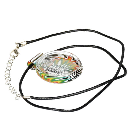 Waking Dream colorful glass pendant necklace on a black cord, 16" length, compact design