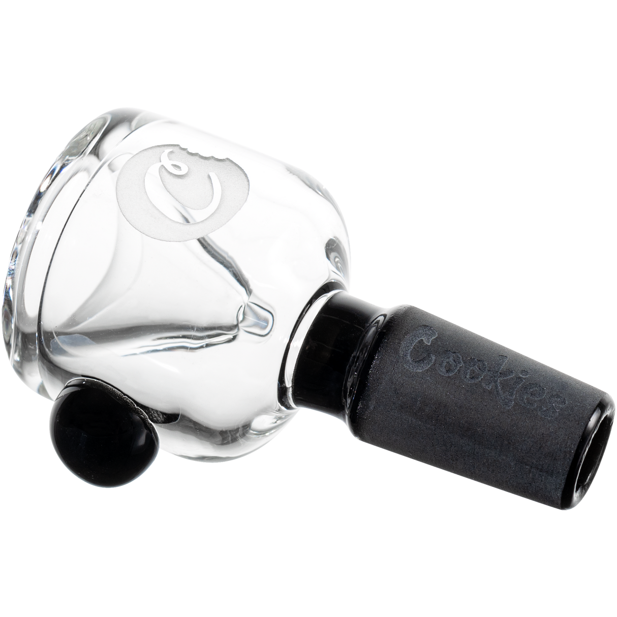 Cookies Classic Bong Bowl in Clear Borosilicate Glass with Black Accents, 14mm Joint, Side View