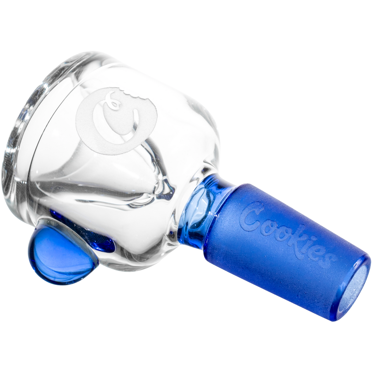 Cookies Classic Bong Bowl in clear and blue borosilicate glass, 14mm joint size, angled side view