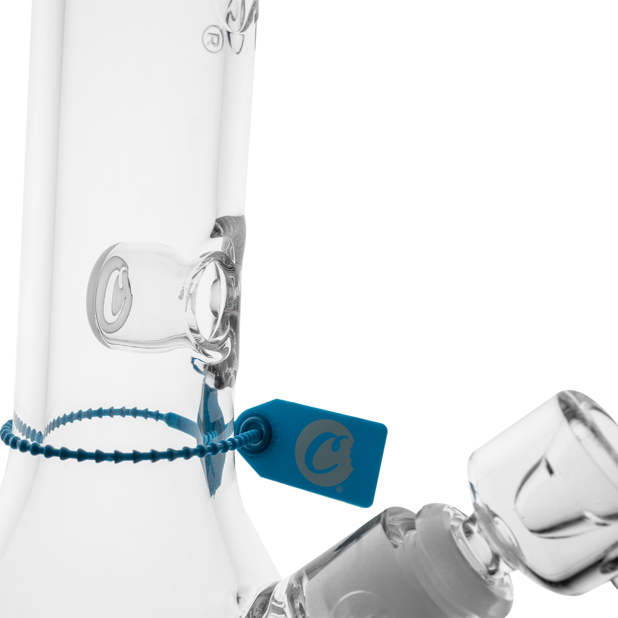 Cookies Flame Beaker Bong in Borosilicate Glass, 7mm Thick Side View with Tag