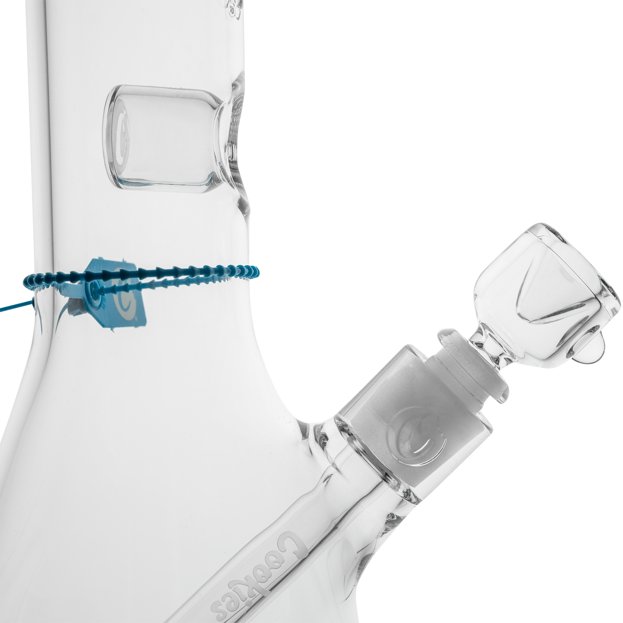 Cookies Flame Beaker Bong close-up, borosilicate glass with blue accents and deep bowl