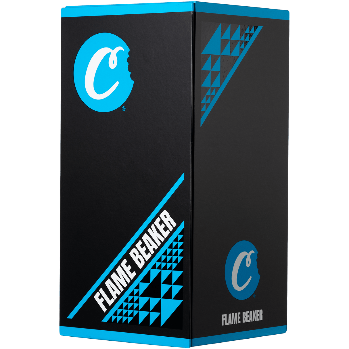 Cookies Flame Beaker Bong packaging box with bold blue graphics on a seamless black background