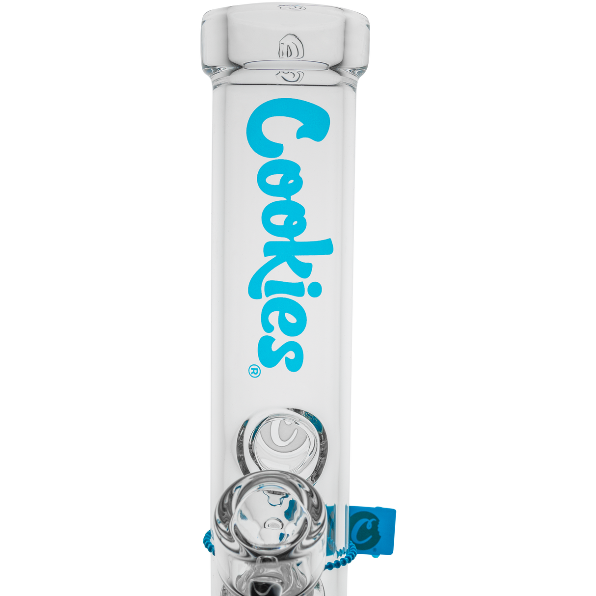 Cookies Original Straight Bong with Blue Logo on Clear Borosilicate Glass - Front View