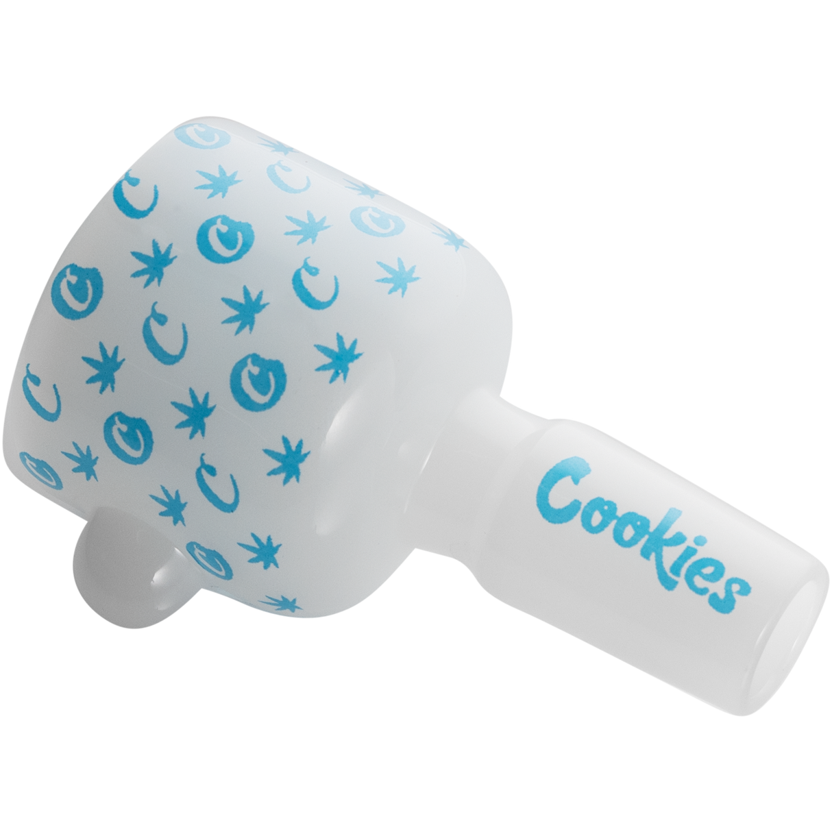 Cookies V Beaker Bong in Borosilicate Glass with Blue Logo and Designs - Side View