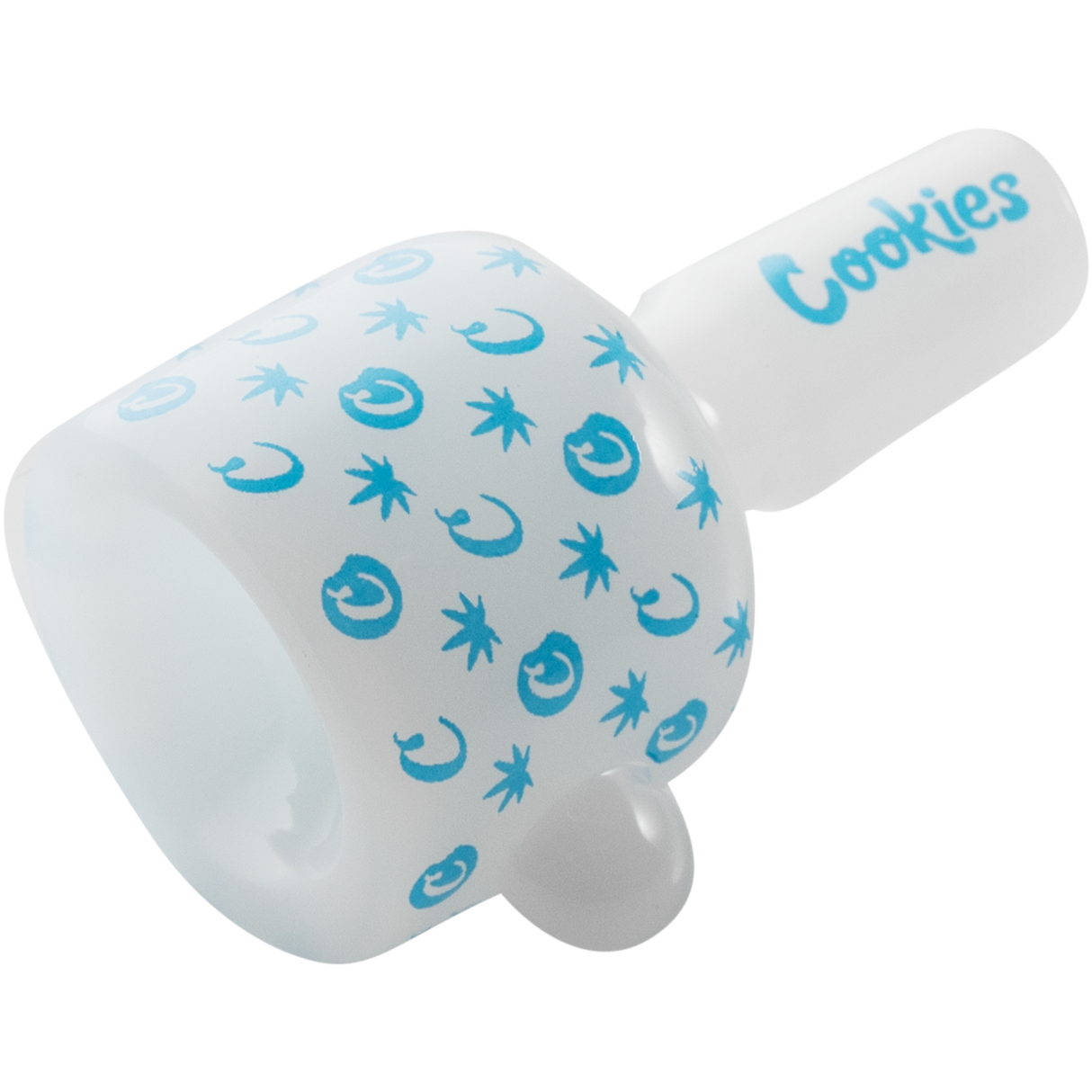 Cookies V Beaker Bong with blue pattern design, made of borosilicate glass, angled side view