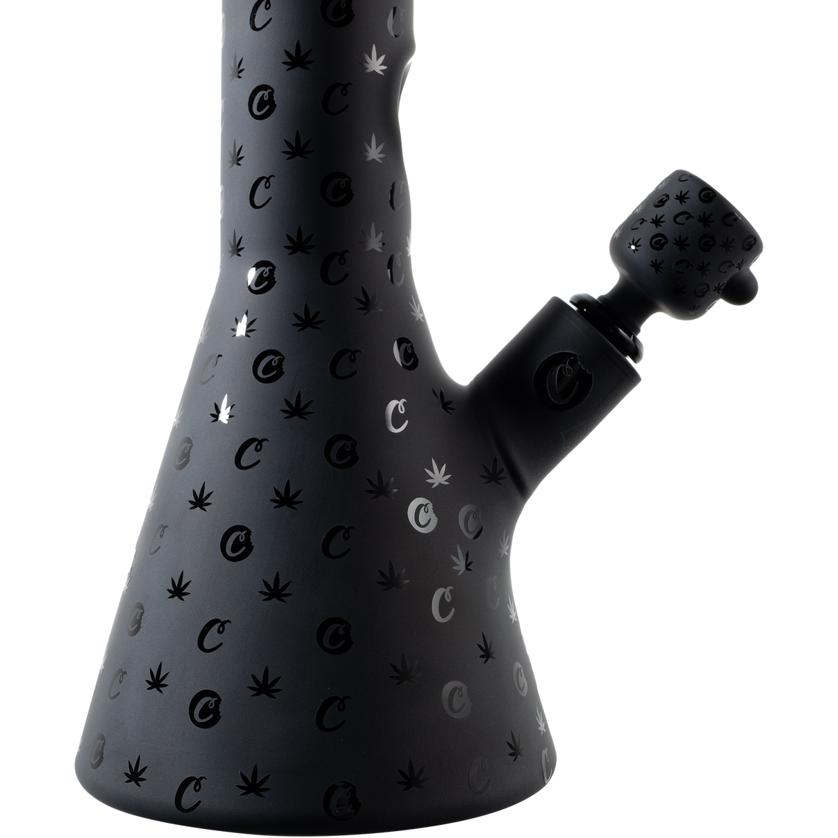 Cookies V Beaker Bong in Borosilicate Glass, Black with Iconic Brand Patterns, Side View