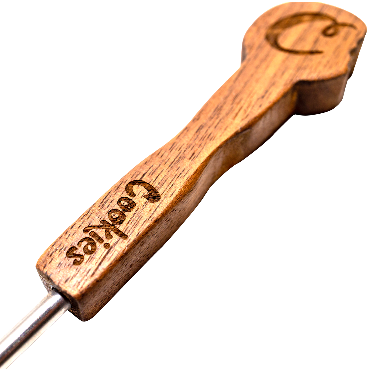 Cookies branded stainless steel flat wax tool with wooden handle, angled view