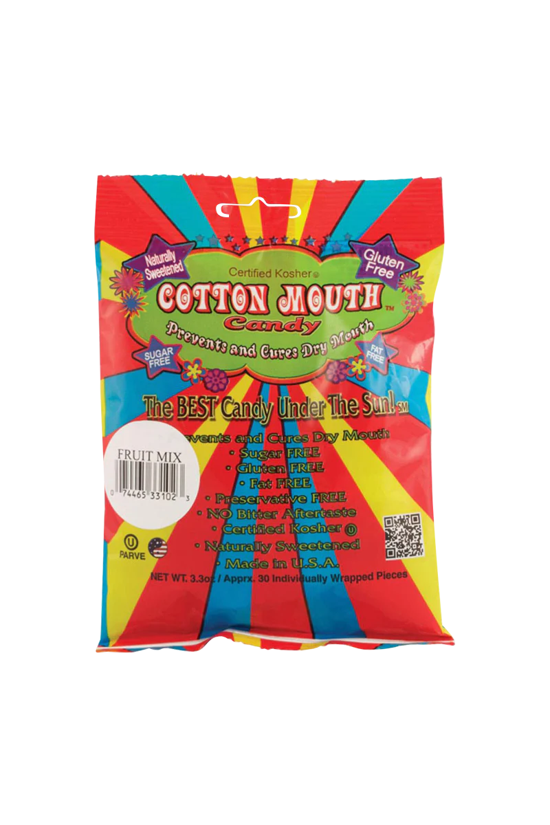 Cotton Mouth Candy Snack Fruit Mix, sugar-free, gluten-free, front view on striped background