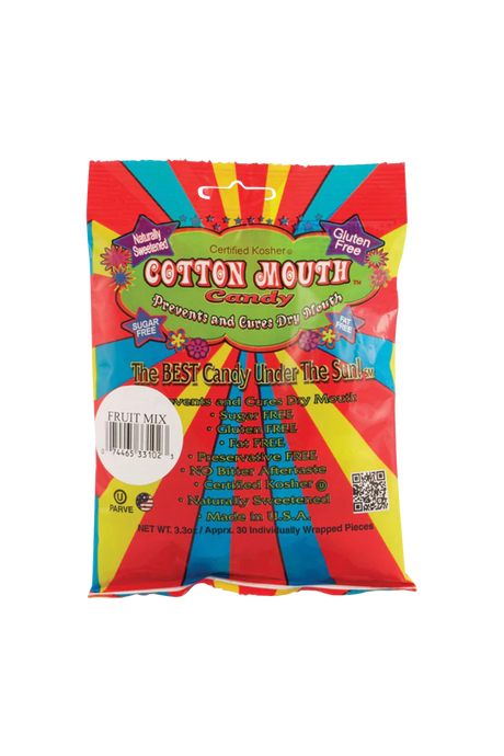 Cotton Mouth Candy Snack Fruit Mix, sugar-free, gluten-free, front view on striped background