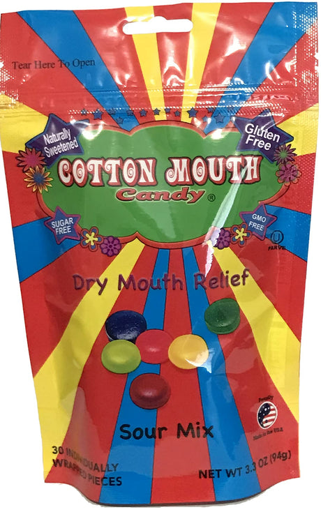 Cotton Mouth Candy Snack Sour Mix package front view offering dry mouth relief