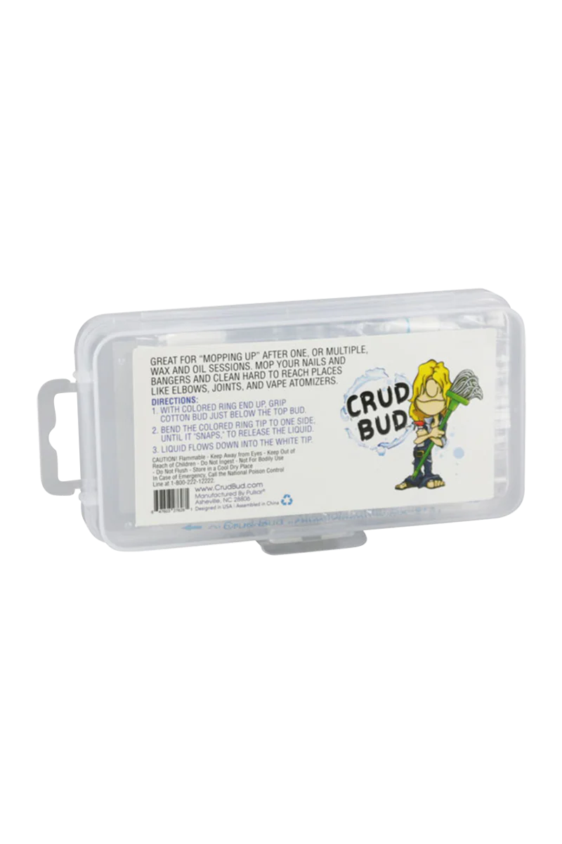 Crud Bud Alcohol Filled Cotton Buds in clear packaging, portable design for cleaning bongs and vapes