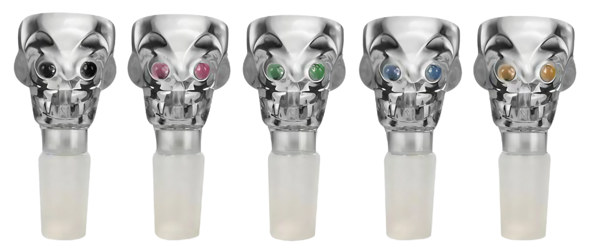 Variety of Crystal Skull Herb Slides 14.5mm Male with colorful eyes, front view on white background