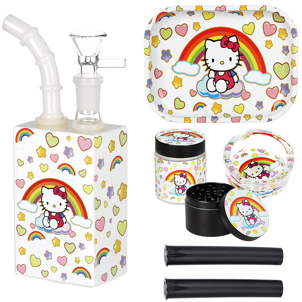 Cute Kitty Juicebox Glass Water Pipe Smoker's Travel Kit | Rainbow Kitty | 7" | 14mm F