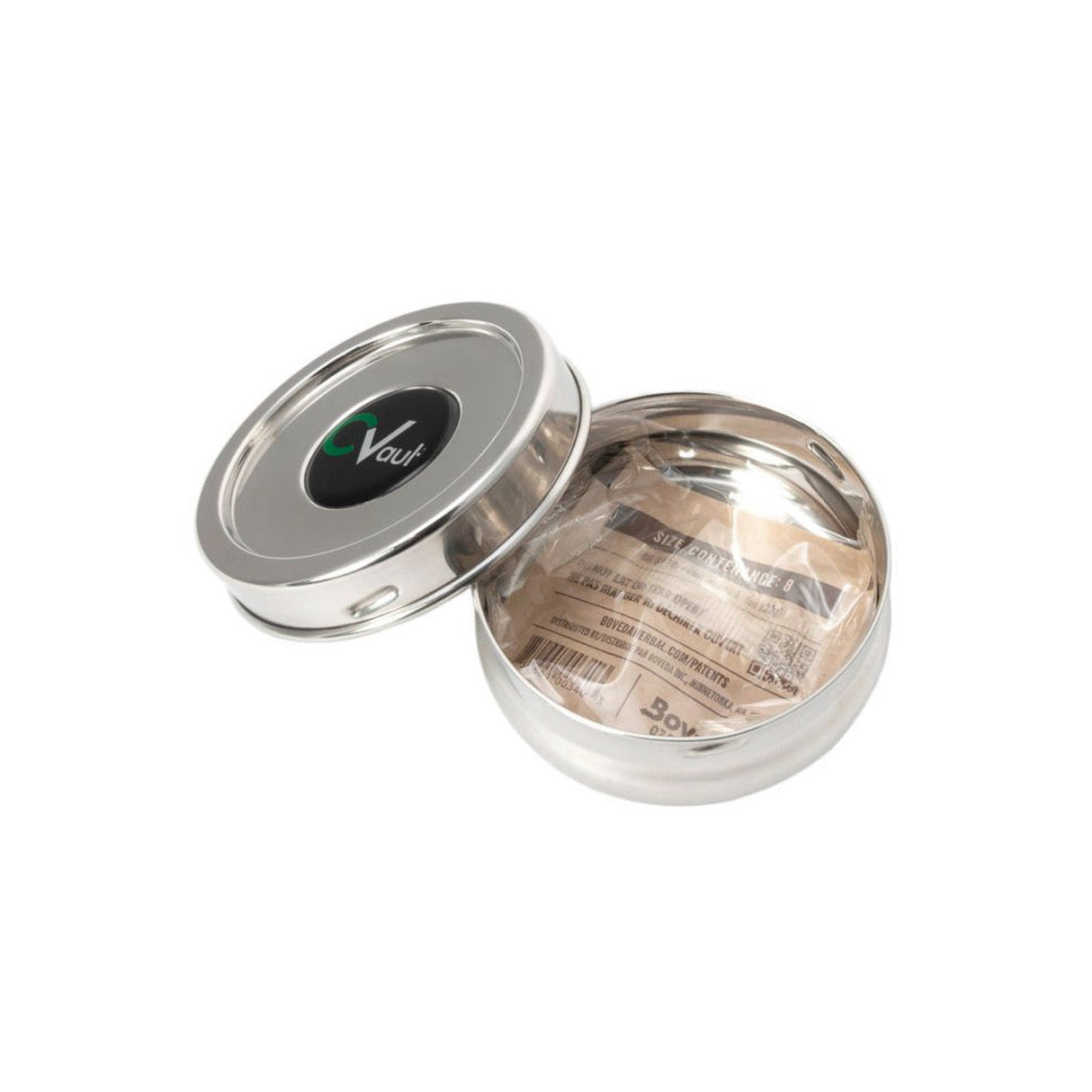 Cvault Small 2.0 open container with Boveda Humidipak, 62% 8g, on white background