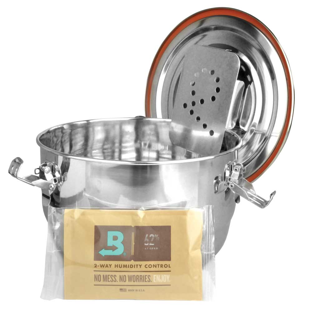 CVault Storage Container Open View with Humidity Pack for Dry Herbs, Silver Steel