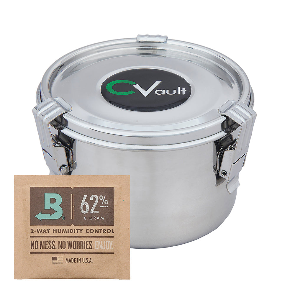 CVault stainless steel storage container for dry herbs, front view with humidity control pack