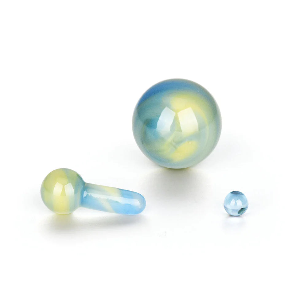 Bear Quartz Hanging Pillar Terp Marble Set in blue and green swirls, front view on a white background