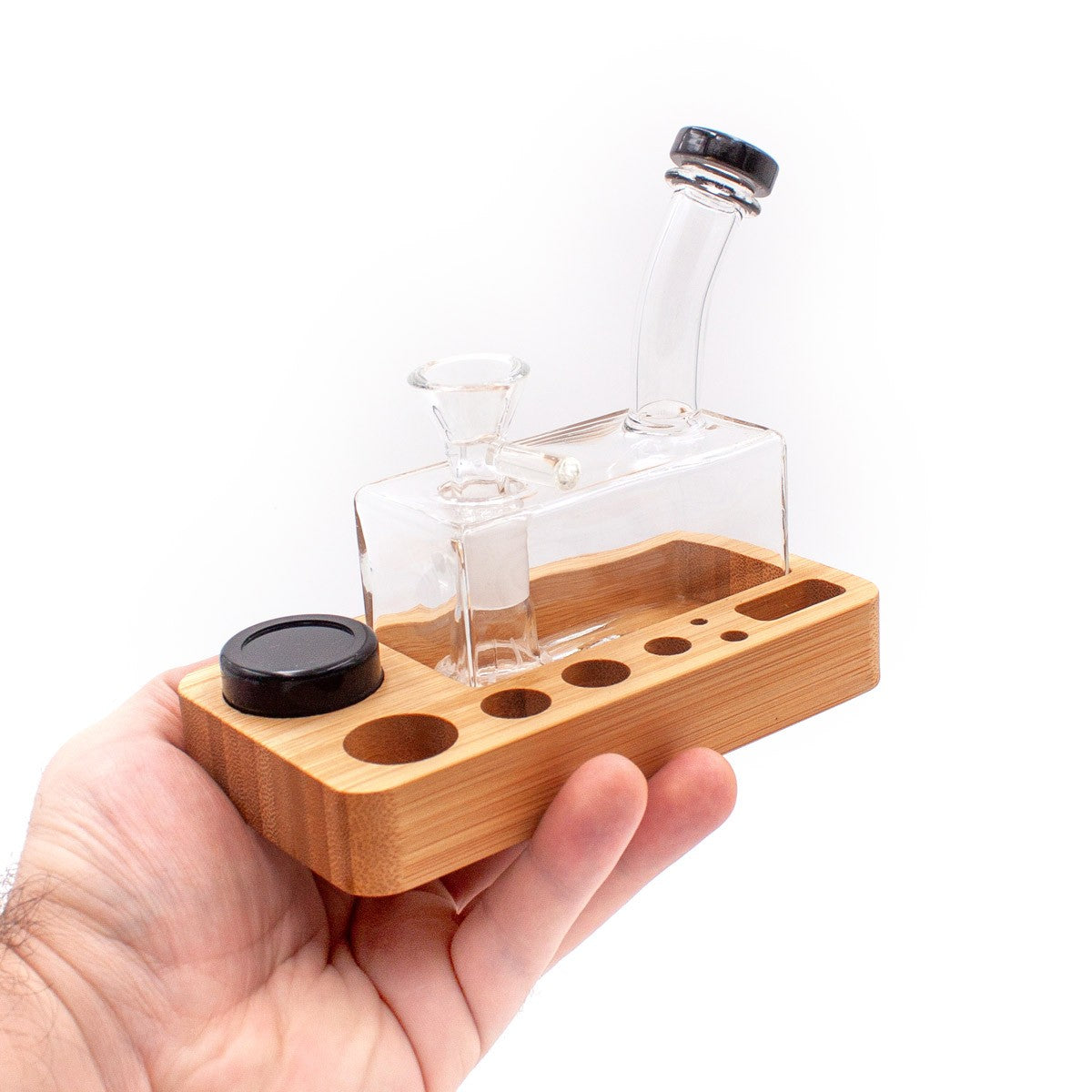 Hand holding Dab Slab Mini Water Pipe Tray by The Stash Shack with recycler design