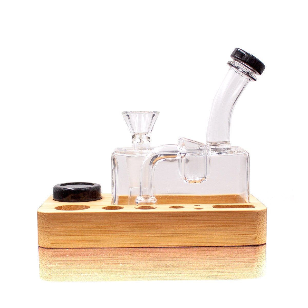 DynaVap Dab Slab Mini Water Pipe with Showerhead Percolator & Dual Use Banger on Wooden Tray