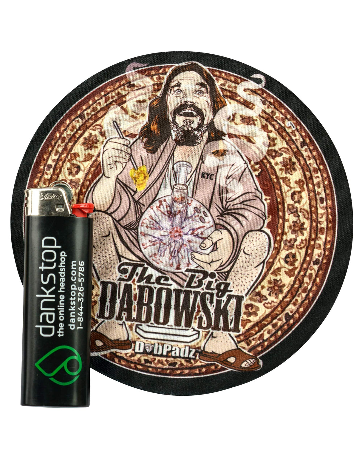 DabPadz 5" Rubber Dropmat 'The Big Dabowski' design with lighter for scale, top view