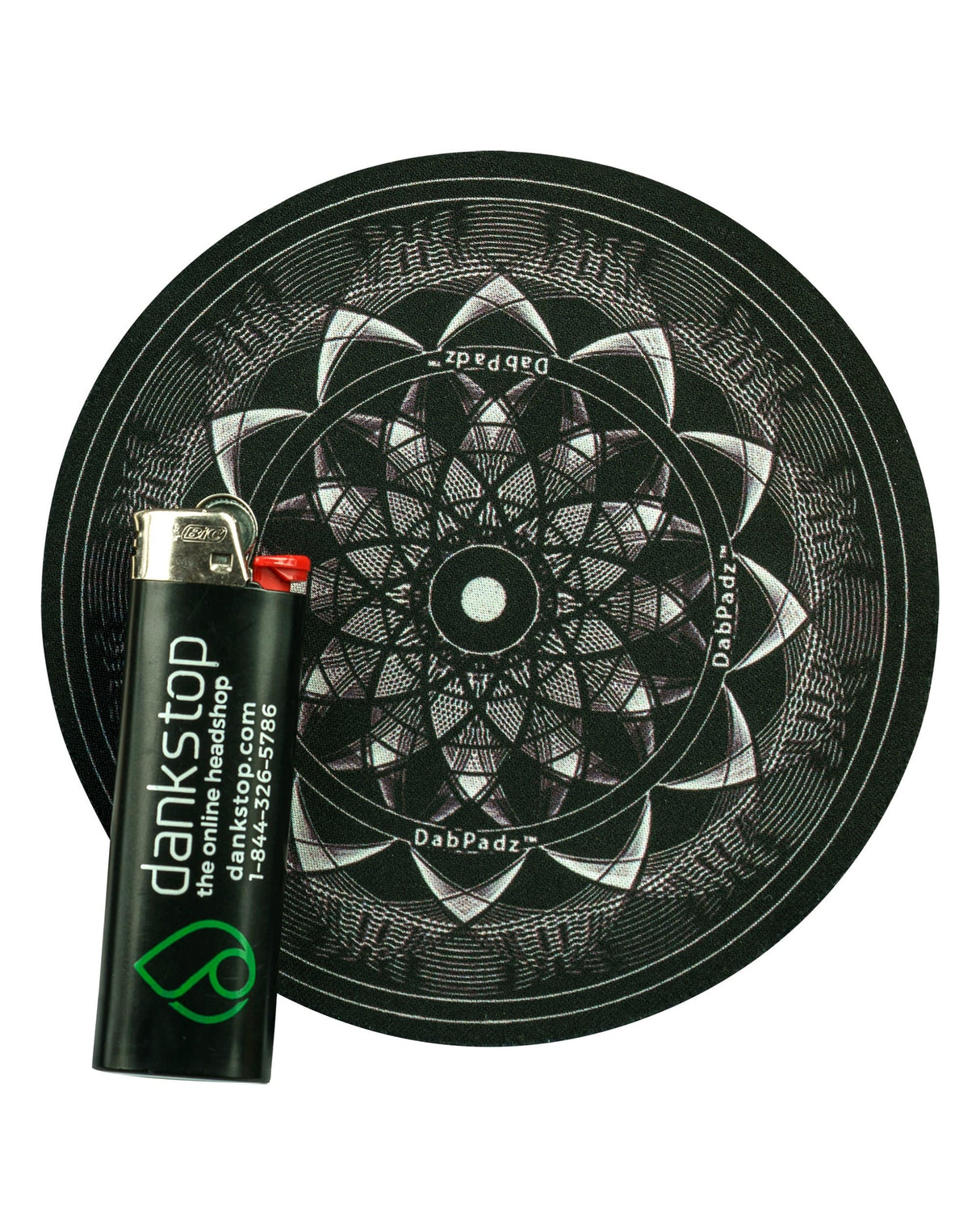 DabPadz 5" Black Lotus Rubber Dropmat with dankstop lighter, top view on white background