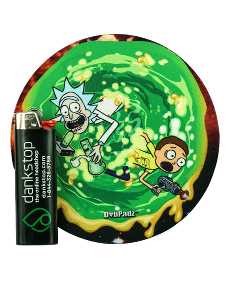 DabPadz 5" Rubber Dropmat with Rick and Morty design, top view next to lighter for scale