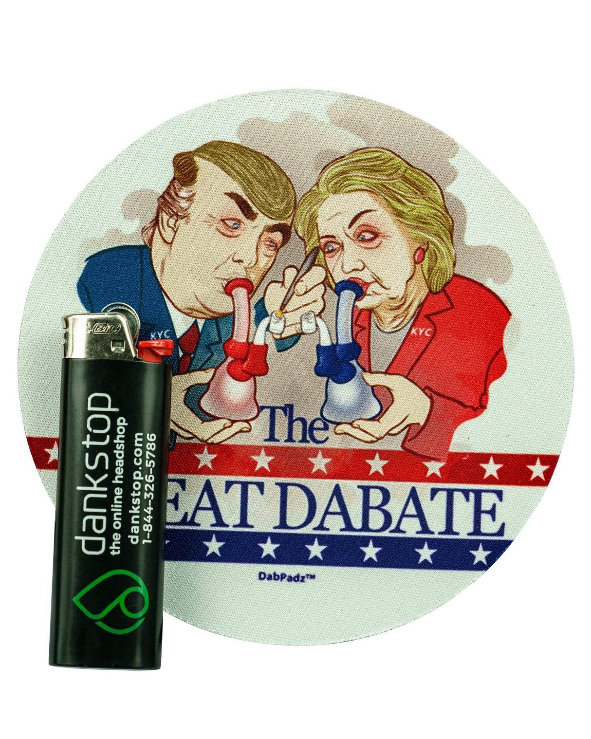 DabPadz 5" Rubber Dropmat 'Great Dabate' design, USA made, with DankStop lighter for scale