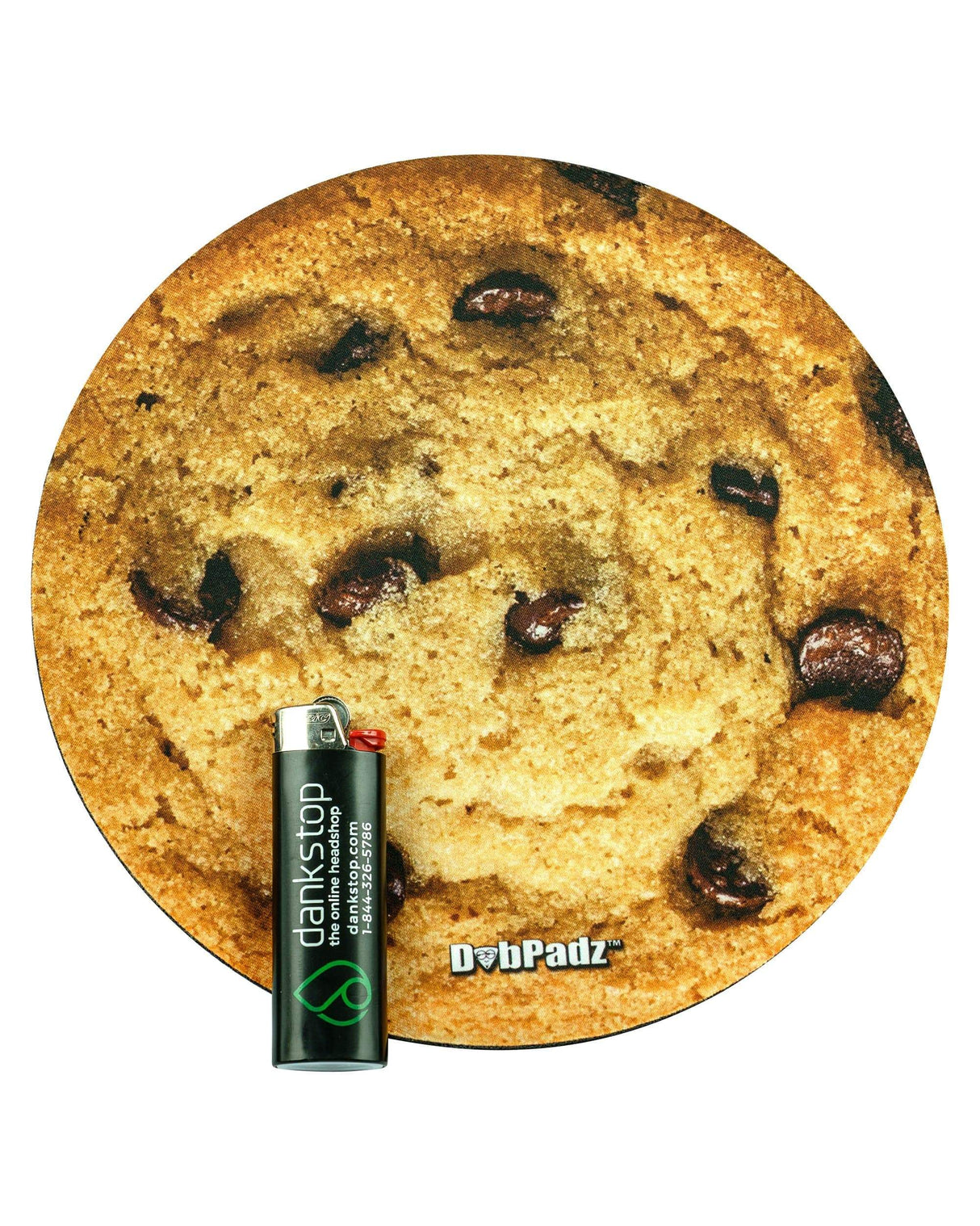DabPadz 8" Rubber Dab Mat with Chocolate Chip Design - Top View with DankStop Lighter