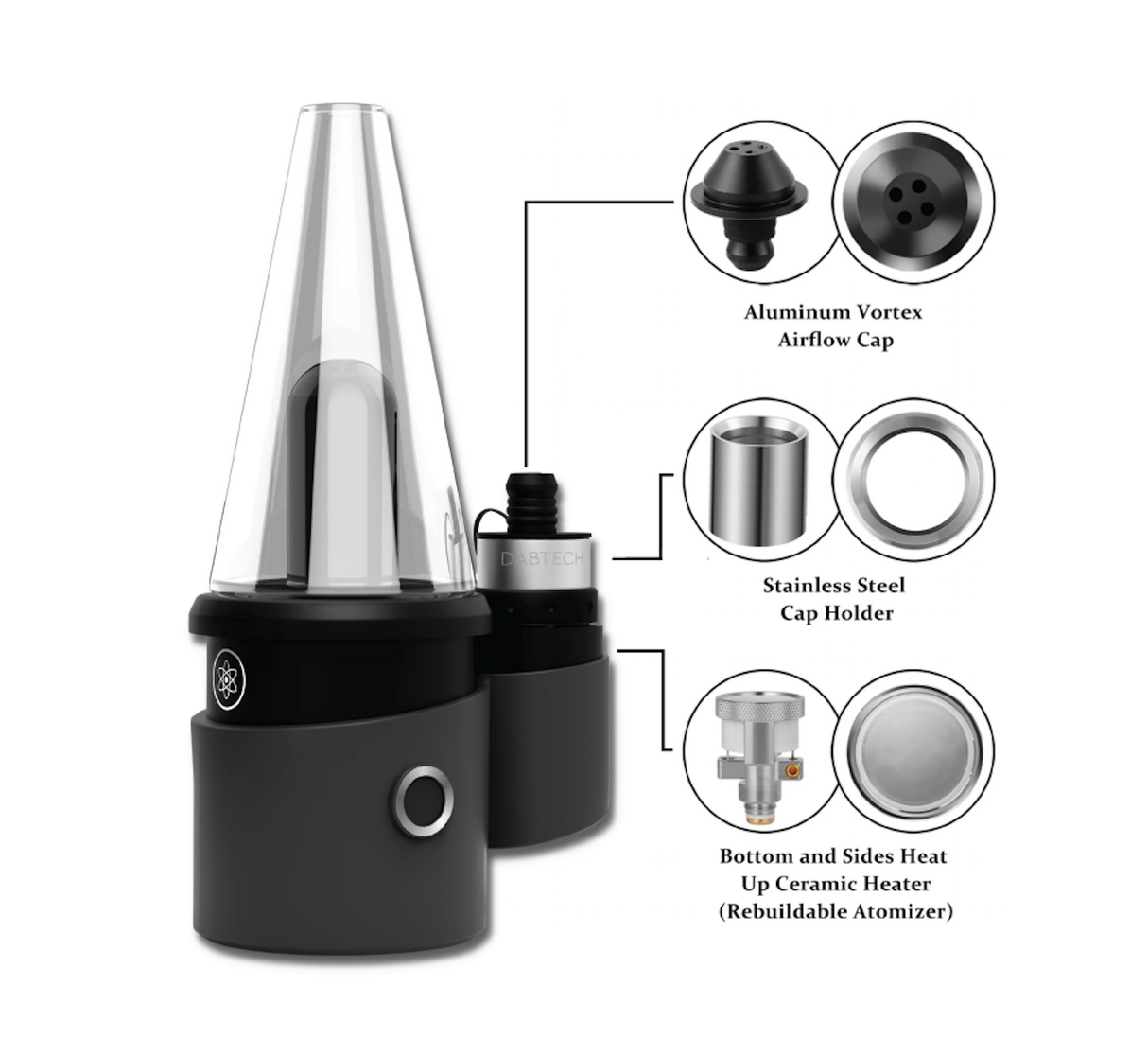 Dabtech Duvo X Vaporizer with Ceramic Heater and Vortex Airflow Cap - Exploded View