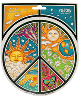 Dan Morris 4.75" Round Peace Sticker featuring vibrant sun, moon, and nature designs