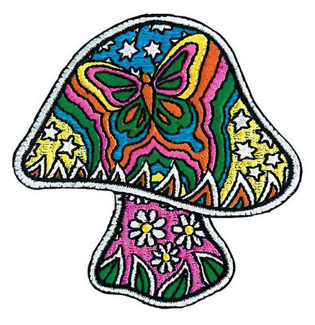 Dan Morris Butterfly Mushroom Patch featuring vibrant psychedelic design, 3.25" size - front view