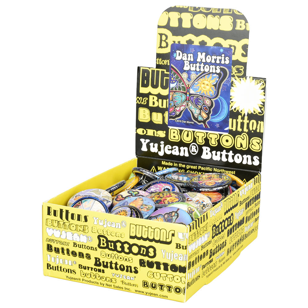 Dan Morris Button Box display with 130 assorted 1" steel pins featuring vibrant, eclectic designs