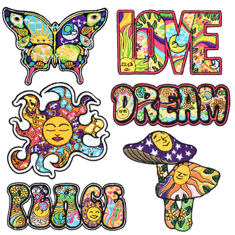 Dan Morris Iron On Patches with vibrant psychedelic designs featuring peace and nature themes, 6pc set