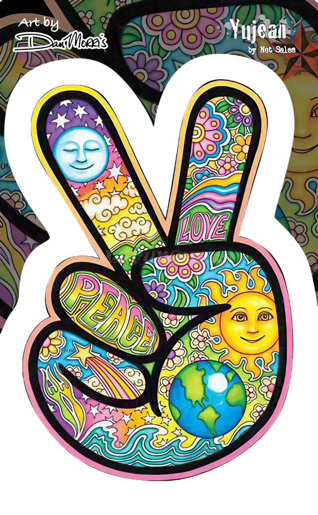 Dan Morris Peace Hand Sticker with colorful psychedelic design, indoor/outdoor use, 4"x6"