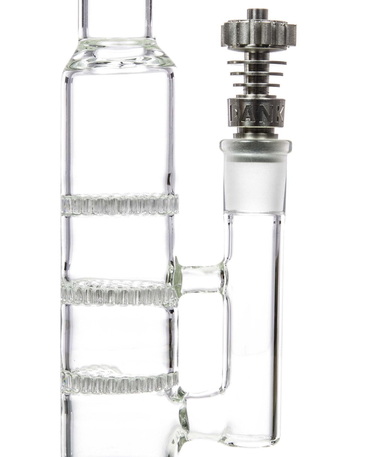 Dank Tools Domeless Titanium Nail with Sun-Dish atop Glass Dab Rig, Close-Up Side View